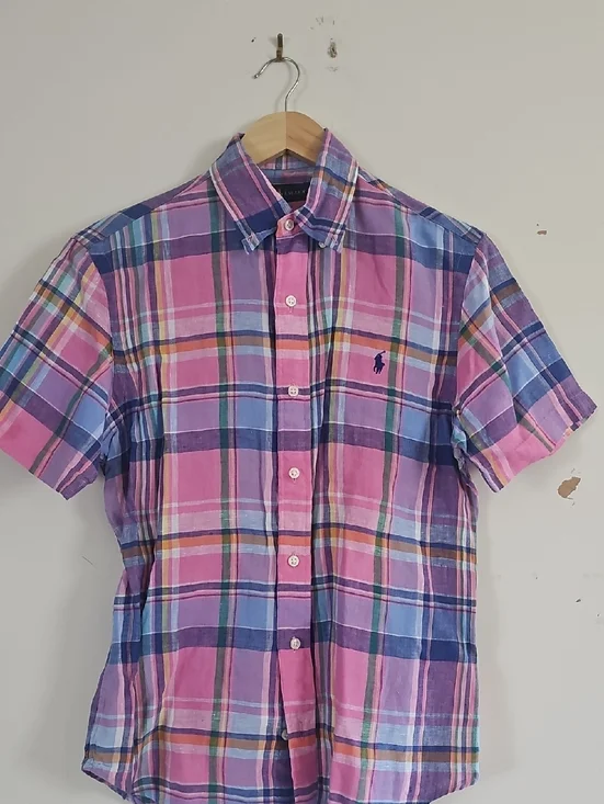 Ralph Lauren Linen Plaid Button Down Shirt Mens Small Pony Logo Summer - Picture 1 of 8